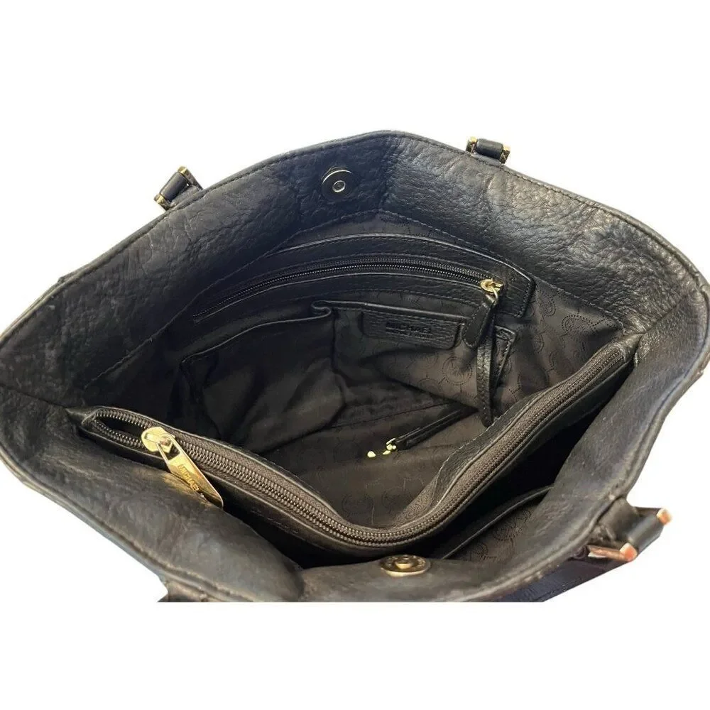 Michael Kors Black Pebbled Leather Harper East West Tote Bag Gold Links Purse - Picture 9 of 11
